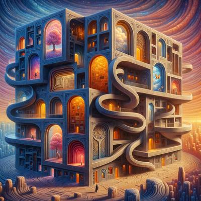 The primary subject of the image is a large, intricate building with many windows and doors. The building is made of stone and features a spiral staircase. The setting is a cityscape, with the building towering over the surrounding area. The visual style is a digital art illustration, showcasing the artist's creativity and attention to detail. The colors and mood of the image are predominantly dark and moody, with the building's stone and the cityscape creating a sense of mystery and